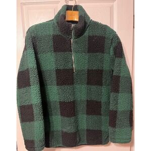 Merokeety Green and Black Buffalo Plaid Sherpa Fleece Quarter Zip Pullover Sz XL